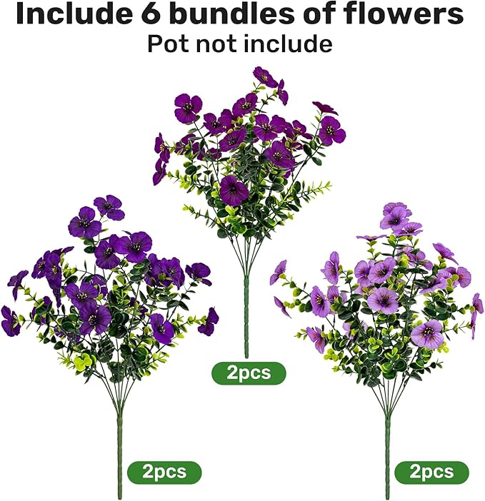 17 Inch Artificial Faux Pansy Flowers for Outdoor,Fake Pansies Flowers with Eucalyptus Leaves Fake Plants Greenery Boxwood Porch Patio Decor 6 Bundles(Dark Purple,Lotus Purple,Light Purple)