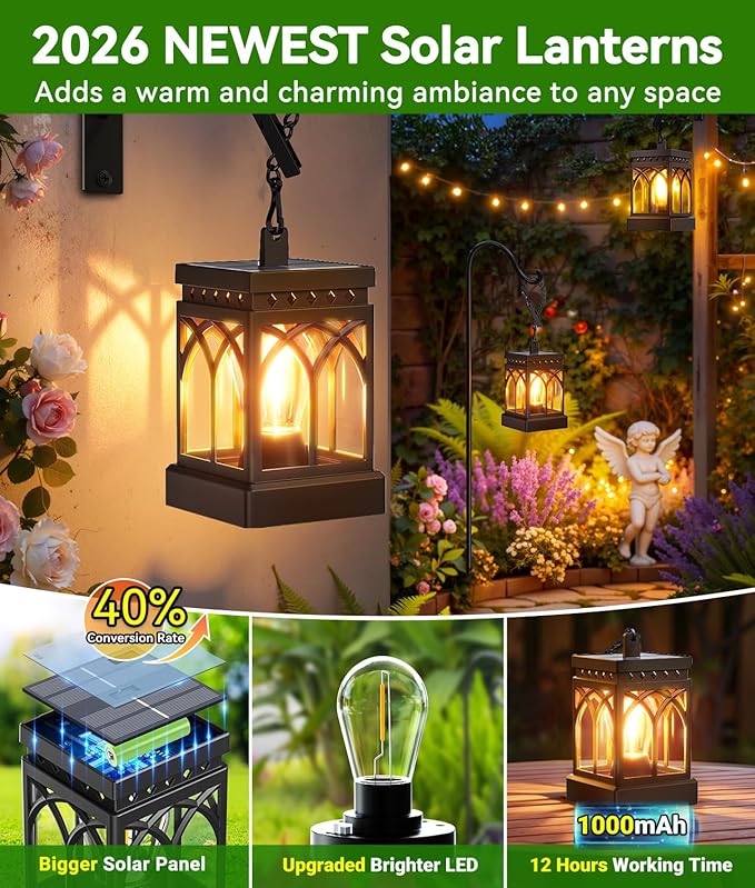 KOOPER 4 Pack Solar Lanterns Outdoor Waterproof, Brighter Hanging Solar Lantern Lights for Outside, Auto ON/Off Lanterns Decorative Outdoor for Garden Table Yard Path Tree Patio Lawn Decor, Gifts