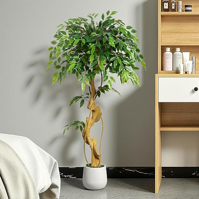 4ft Large Ficus Artificial Trees in White Pot, 48" Tall Fake Silk Tree with Natural Curved Trunk, Lush Faux Ficus Tree for Indoor Home Decor, Living Room, Office & Patio