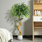 4ft Large Ficus Artificial Trees in White Pot, 48" Tall Fake Silk Tree with Natural Curved Trunk, Lush Faux Ficus Tree for Indoor Home Decor, Living Room, Office & Patio