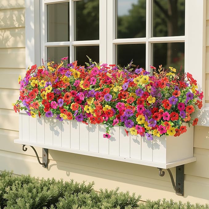 SHareconn 24 Bundles Artificial Flowers for Outdoors Decoration, Faux Plants Fake Silk Colorful Daisy Eucalyptus Lavender, UV Resistant for Outside Home Indoor Spring Decor, RedRosyPurpleYellowOrange