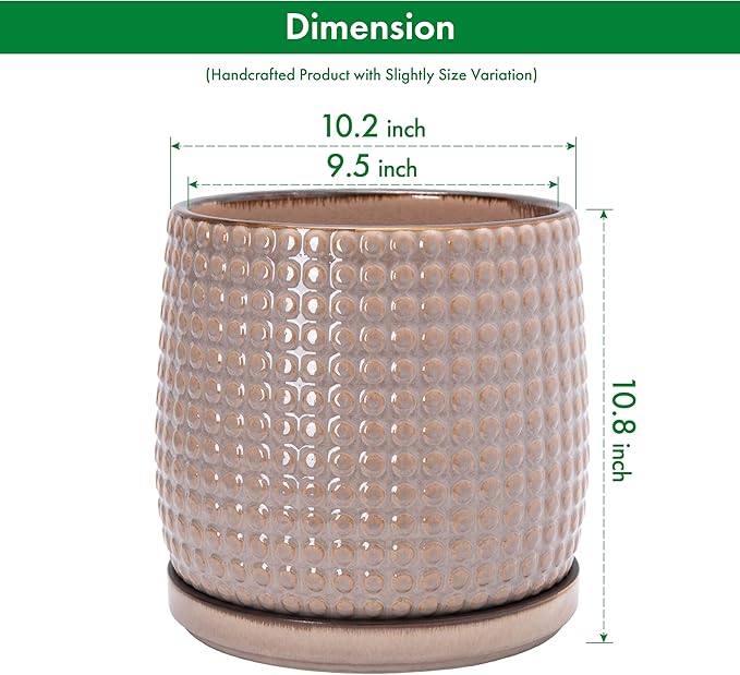 D'vine Dev 10 Inch Ceramic Beaded Stoneware Planter Pot - Flower Pot with Drainage Holes and Saucers for Indoor Succulent Plants or Flowers, Light Brown, 27-C-P-4
