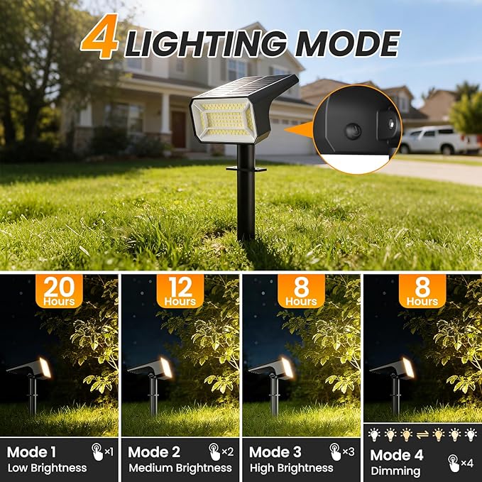 Fabrito 4 Pack Solar Spot Lights Outdoor Waterproof IP67, [108 LEDs, 4 Modes] Dusk to Dawn Spotlights with 1500mAh Battery for All Night, Landscape Lights for Tree, Yard, Pool, Pathway, Warm White