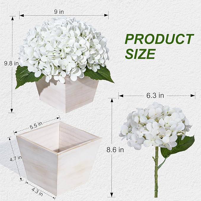 Artificial Hydrangea Flowers Arrangement in Wood Planter, 4PCS Fake White Flowers in Wooden Vase Potted Floral Centerpieces for Tables Living Room Home Office Room Shelf Kitchen Decor