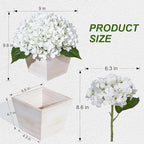 Artificial Hydrangea Flowers Arrangement in Wood Planter, 4PCS Fake White Flowers in Wooden Vase Potted Floral Centerpieces for Tables Living Room Home Office Room Shelf Kitchen Decor