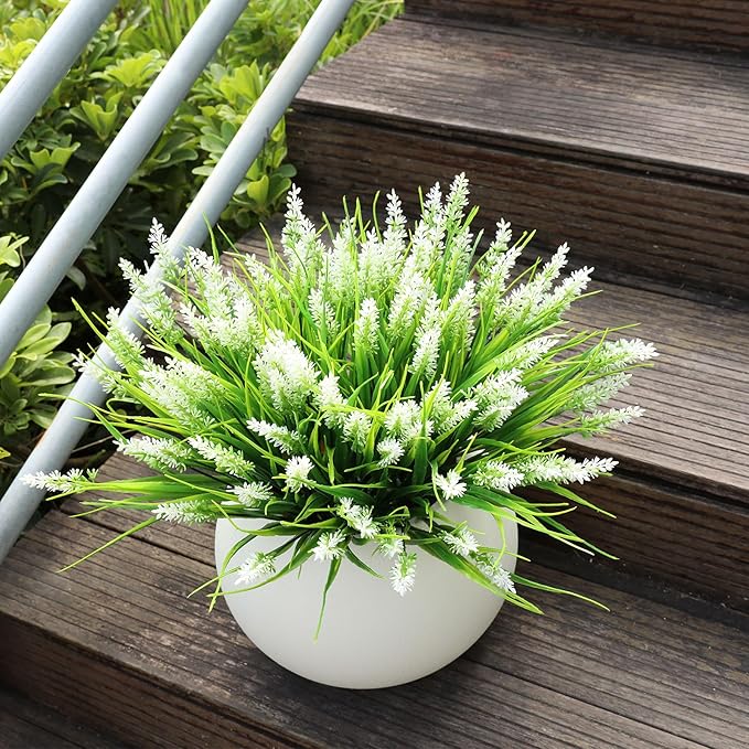 16 Bundles Artificial Plants Outdoor, UV Resistant Fake Lavender & Monkey Grass, Realistic Plastic Faux Plants for Balcony, Patio, Porch Greenery Decor, Planter Filler(White)