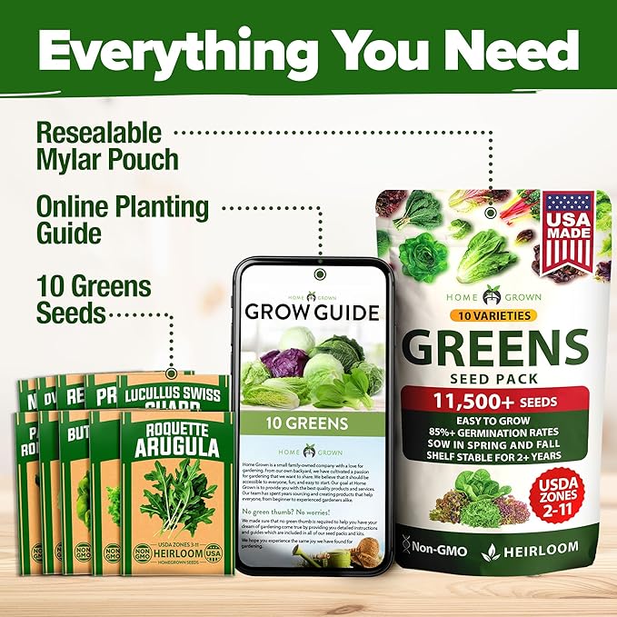HOME GROWN 11,500+ Heirloom Lettuce Seeds - 10 Varieties Including Romaine, Buttercrunch, Iceberg, Kale & Spinach - Non-GMO USA Seeds for Planting Indoor, Outdoor & Hydroponic Gardens