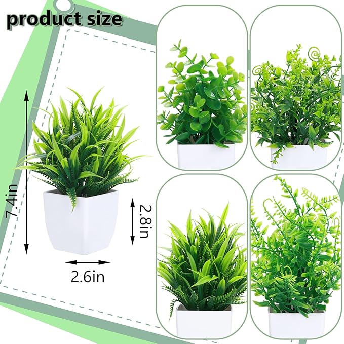 GREENTIME 4 Pcs Fake Plants Potted Small Artificial Plant Indoor Faux Greenery in White Pot for Home Office Bedroom Desk Bathroom Shelf Farmhouse Decorations