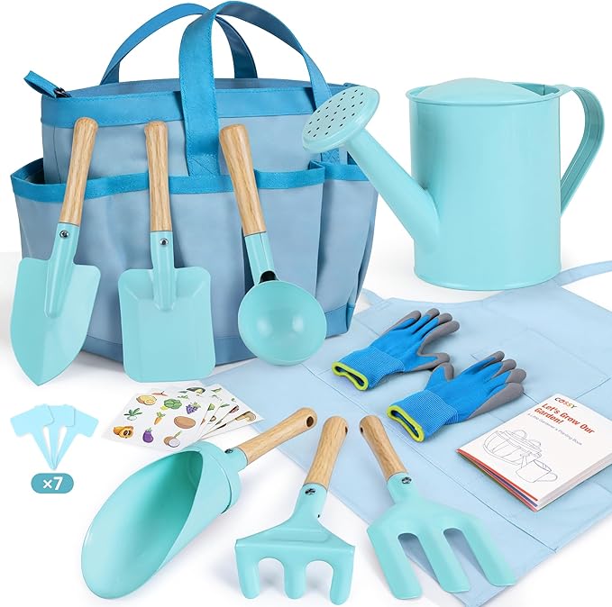 Cossy Kids Gardening Set, 13PCS Garden Tool Kit for Kids and Toddlers Boys Girls, Includes Tote Bag, Watering Can, Shovels, Rake, Kids Gardening Gloves, Apron and More, Blue