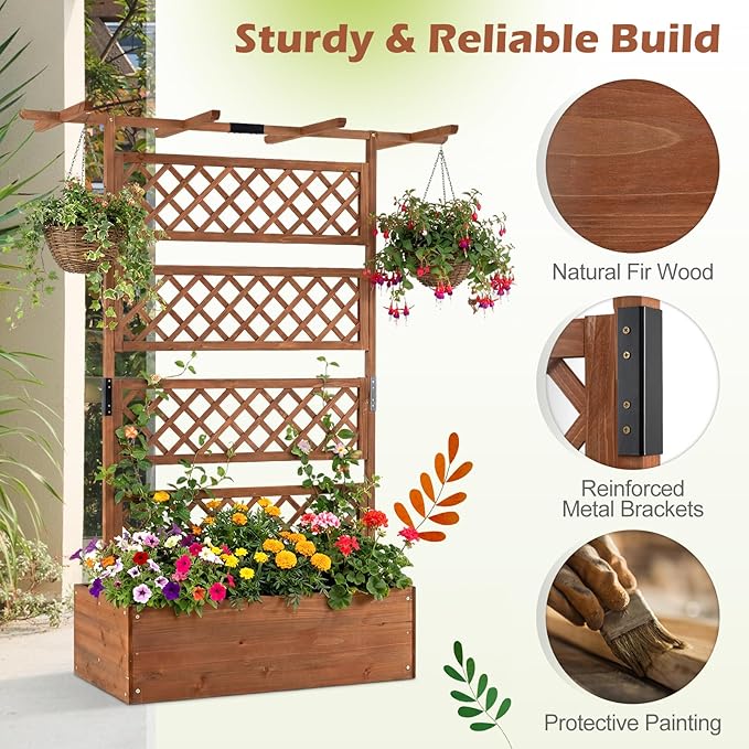 Giantex Raised Garden Bed with Trellis 2 Pack, 72'' Wooden Planter Box Outdoor w/Privacy Screen Roof, Large Vertical Garden Planter w/Drainage Holes for Climbing Plants, Patio Balcony Backyard