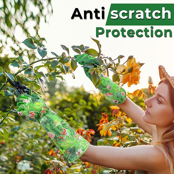 HANDLANDY Women Gardening Gloves, Scratch Resistant Breathable Ladies Rose Pruning Long Gauntlet Floral Print Garden Yard Gloves, Gift for Gardeners (Grass Green, S)