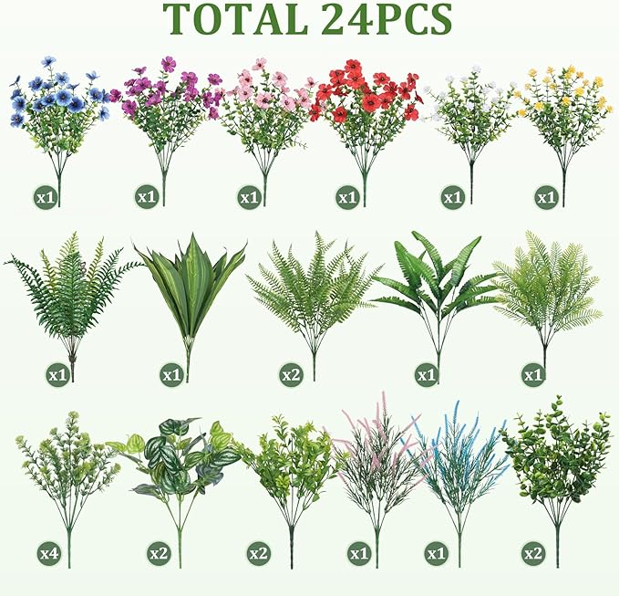 Alupssuc 24Pcs Artificial Flowers and Plants,UV Resistant & No Fade Fake Plastic Greenery Shrubs for Home Garden, Pathway, Front Porch-Spring Summer Decor, Indoor/Outdoor Use,Red Purple Pink Blue