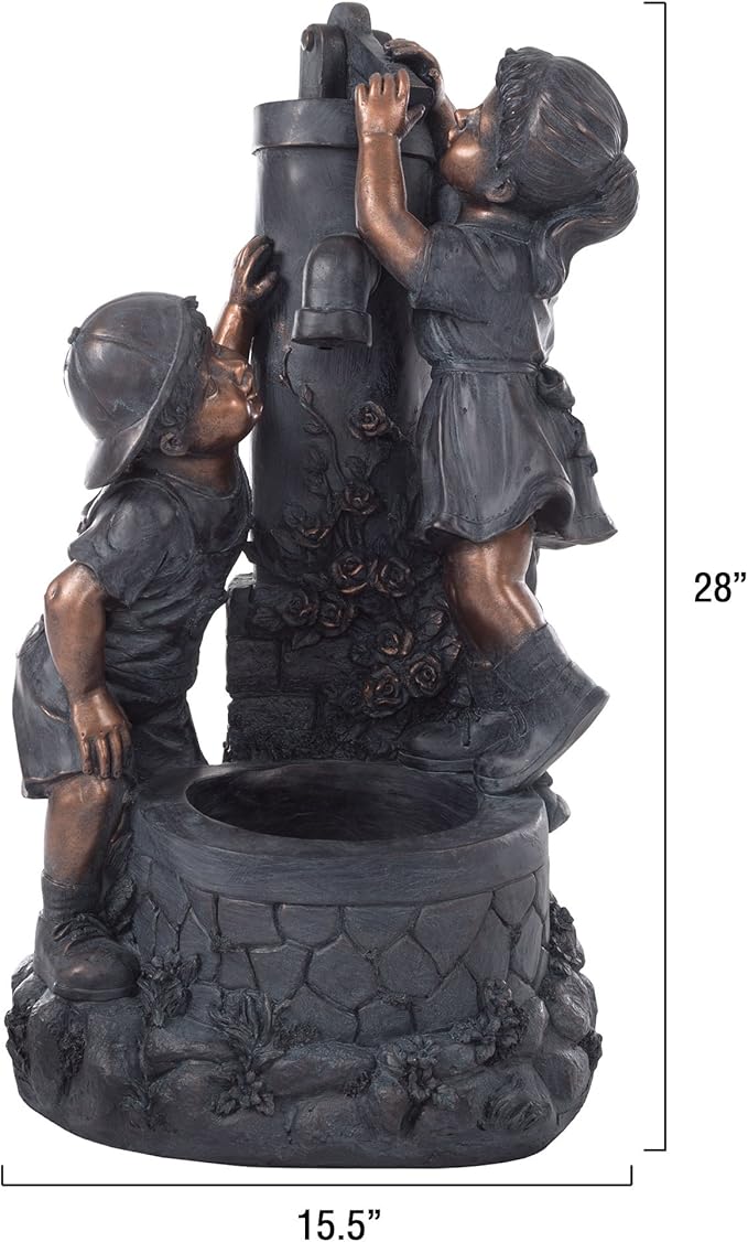 Outdoor Water Fountain with Boy and Girl, Antique Bronze Design and Soothing Sound for Decor on Patio, Lawn and Garden By Pure Garden