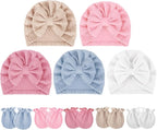 BQUBO Baby Turban Hats and Mittens Set Newborn Infant Hospital Hats Caps with Bows for Baby Boys Girls 0-12 Months