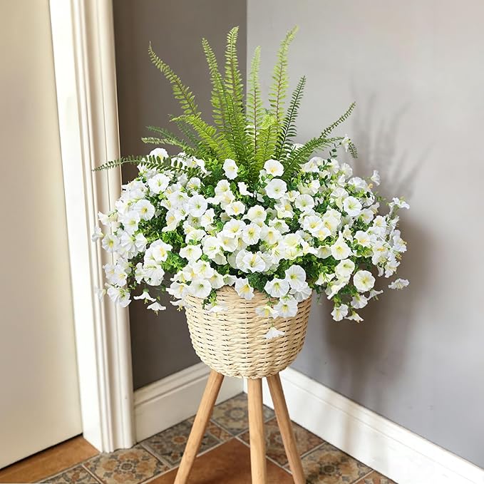 Hrobek Artificial Flowers for Outdoors Faux Plants Outside Indoor,UV Resistant Silk Fake Morning Glory Tall Ferns for Home Patio Garden Back Yard Front Porch Decor Spring Summer(13 Bunches,White)