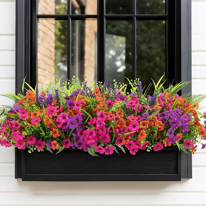 Alupssuc 48 Bundles Artificial Flowers for Outdoors Spring Summer Decoration, UV Resistant Eucalyptus Violet and Lavender Silk Fake Plants for Outside Indoor Yard Home Patio Decor, Orange Rose Purple