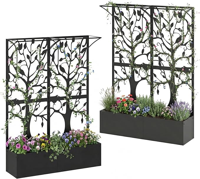 Metal Planter Box with Trellis Set of 2, Outdoor Privacy Planters for Patio, Tall Raised Garden Bed for Climbing Plants, Vegetables, Fruits, Balcony, Outside, 62.4 x 12.2 x 44.6 Inch, 2PCS, Black