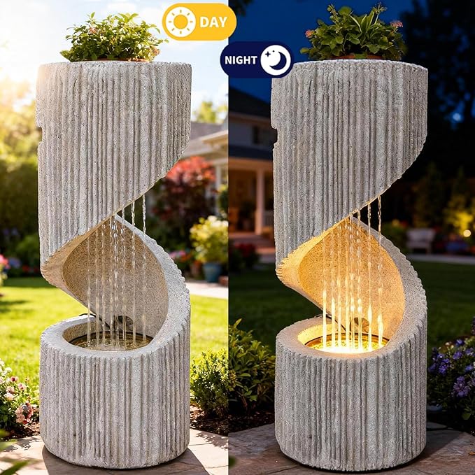 30" H Outdoor Water Fountain with LED Light, S-Shaped Modern Curved Outdoor Fountain, Spiral Column Fountain, Decorative Waterfall Feature with Flat Top Plant Display for Garden, Patio Decor