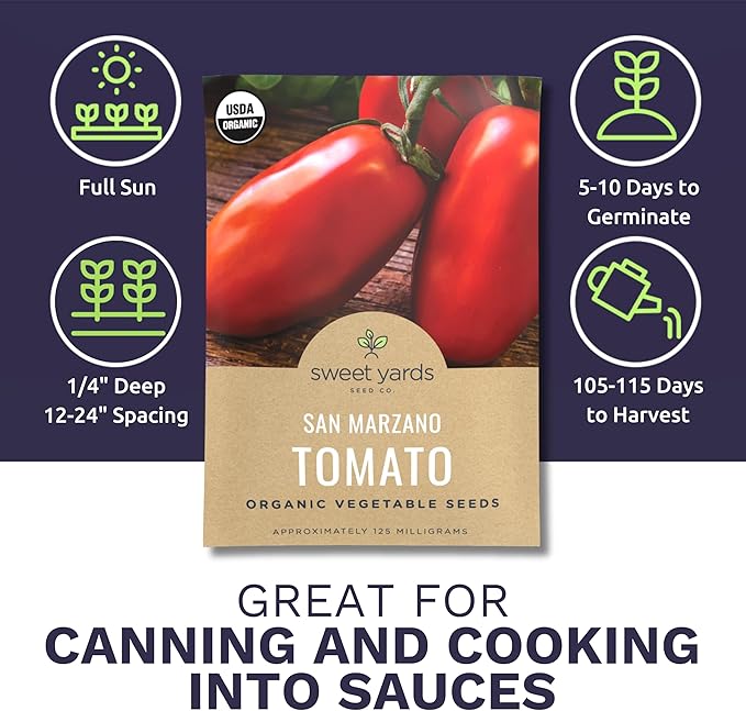 Organic San Marzano Tomato Seeds – Two Seed Packets! – Over 102 Open Pollinated Heirloom Non-GMO Seeds – Sweet Yards Seed Co.