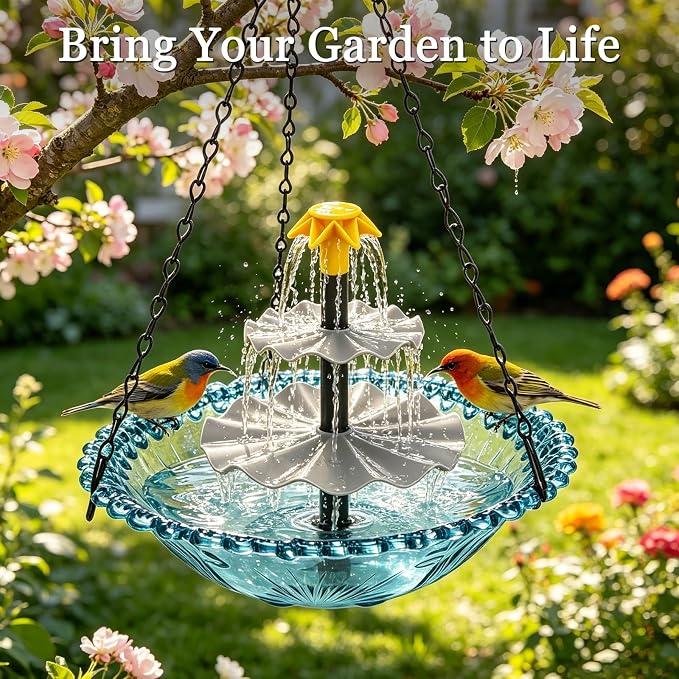Solar Hanging Bird Bath Fountain - Upgraded 3-Tier Hanging Birdbath, Bird Baths for Garden Patio Yard Decor, Blue Outdoor Humming Birds Cascade Baths Fountains