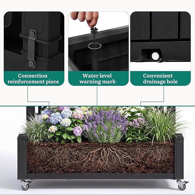 YITAHOME 42.5x14.2x61 in Planter Box with Trellis/Outdoor Privacy Screen, All-Weather Raised Garden Bed with Wheels & Drain Plug for Climbing Plants Flowers Herbs, Black