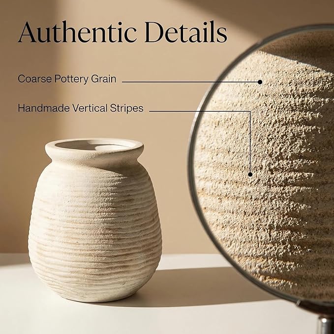Rustic Terracotta Pot, 7 Inch Short Farmhouse Vase with Weathered Texture Off-White, Boho Home Decor for Pampas Grass, Tabletop, Mantel and Shelf Styling