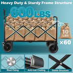 Beach Wagon with Big Wheels for Sand: 600LBS All Terrain Collapsible Beach Cart Foldable - Portable Heavy Duty Folding Utility Wagon Cart for Groceries Shopping Outdoor Camping Sports