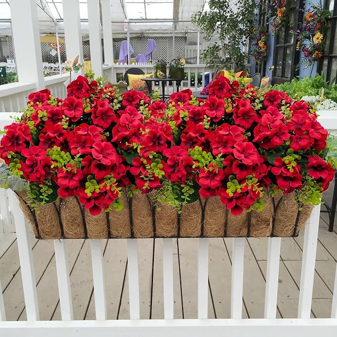 Artificial Geranium Flowers for Outdoor Decoration, 6 Bundles UV Resistant Silk Geranium Fake Plants Faux Flowers for Front Porch Garden Patio Window Box Outside Indoor Decor (Red)