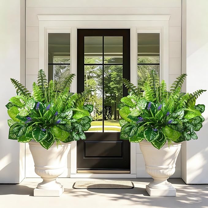 Livole 12 Pcs Artificial Plants Outdoor Faux Plants Fake Greenery Stems with Boston Fern Lavender Morning Glory UV Resistant Artificial Flowers for Outdoors Porch Patio Garden Spring Summer Home Decor