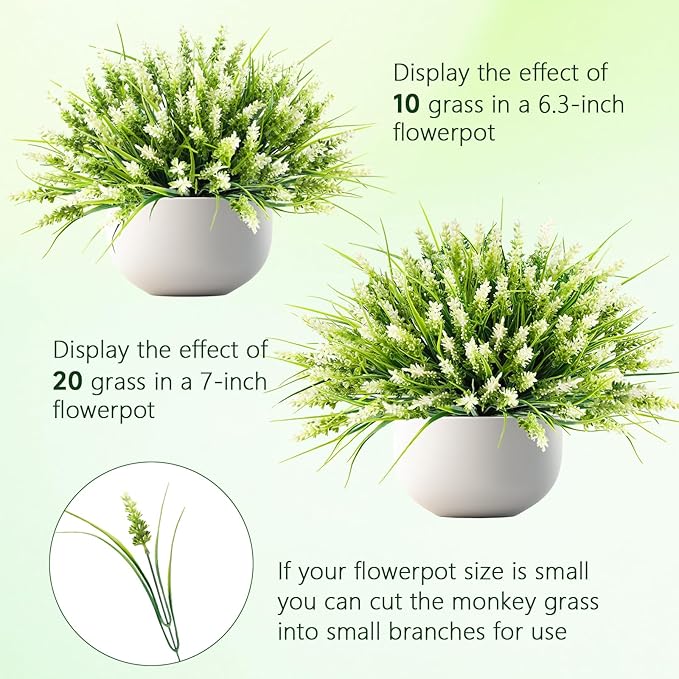 Artificial Plants for Outdoors, 10 Bundles Fake Monkey Grass with White Spring Flowers, Faux Plants Outdoor UV Resistant Realistic Greenery for Garden Window Patio Hanging Porch Home Decoration