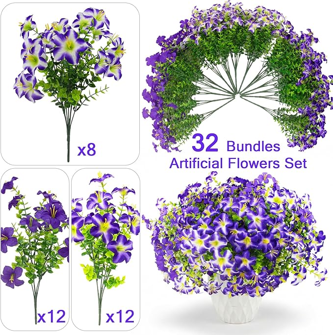 Daynight 32 Pcs Faux Petunias Artificial Flowers for Outdoors, UV Resistant Fake Purple Petunias Plants Realistic Silk Flowers for Porch Front Door Garden Window Outside Decor (32, Purple)
