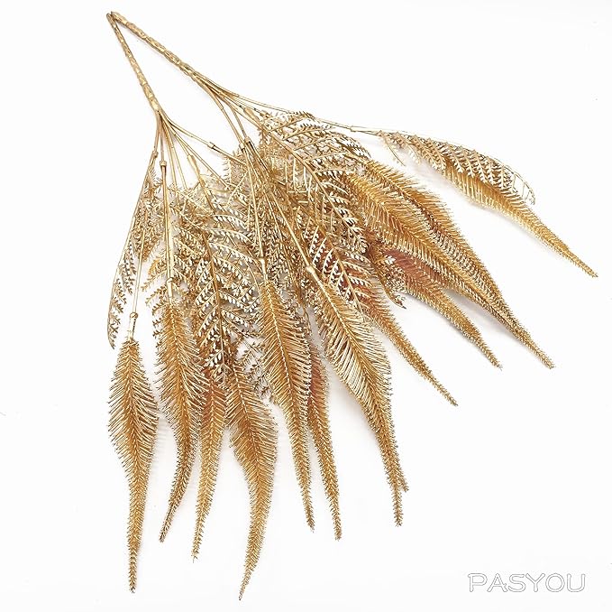 PASYOU Artificial Golden Plants Decoration, Fake Shrubs Plastic Leaves Faux Plant for Indoor Outdoor Home Garden Party Verandah Wedding DIY Christmas Decor Gold Foliage Tail Grass Bundles - 3 Pack
