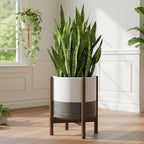 D'vine Dev Ceramic Planter with Walnut Color Stand - 14 Inch Modern Round Flower Pot with Wood Planter Holder, White/Grey, 55-B-T-6