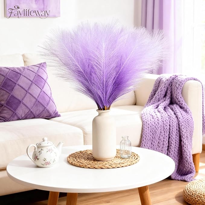 50 PCS Purple Pampas Grass, 17in Pampas Grass Decor, Artificial Pompas Wall Decor for Vase Room Bedroom Kitchen Table Wedding Party Birthday Baby Showers（Purple）