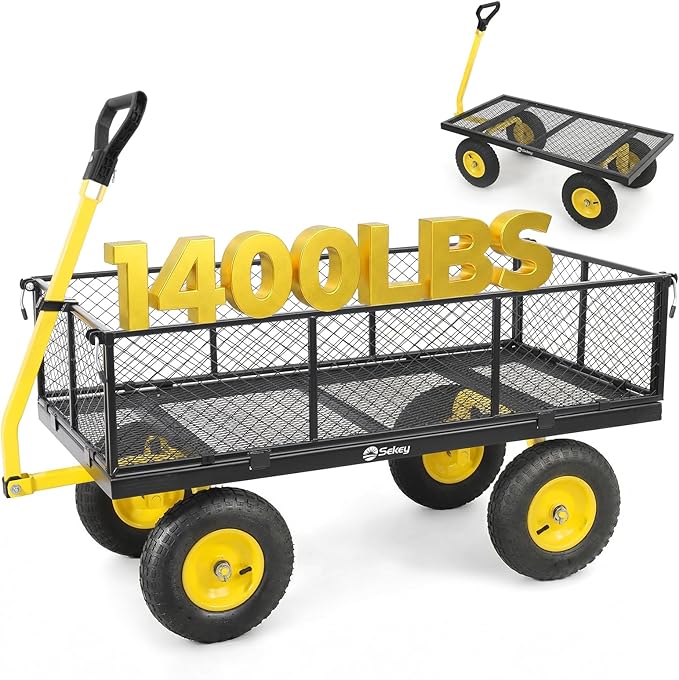 Sekey 1400lbs Heavy Duty Steel Garden Cart for Farm & Construction, 7.7 Cu.Ft. Extra-Large Utility Wagon with Removable Sides, 2-in-1 Towable Handle, 13" Rubber Tires, Black
