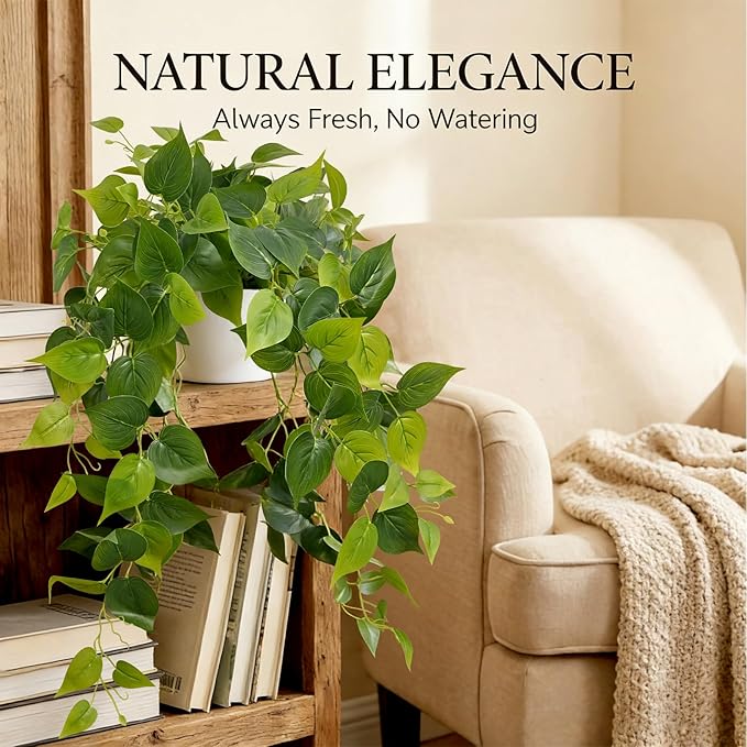Waipfaru Artificial Plants Indoor, 1Pcs 34" Realistic Fake Pothos Hanging Plants Silk Vines Ivy Potted, Fake Pothos for Living Room Office Bedroom Bathroom Kitchen Shelves Indoor Home Decor