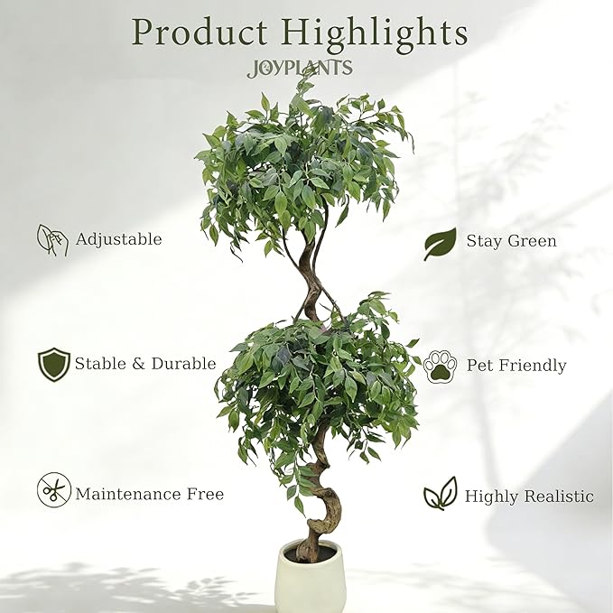 6FT Artificial Ficus Tree with White Pot, Tall Faux Ficus Plant with Realistic Natural Trunk and Lifelike Green Leaves, Indoor Fake Silk Tree for Home, Office, Living Room, or Corner Decor