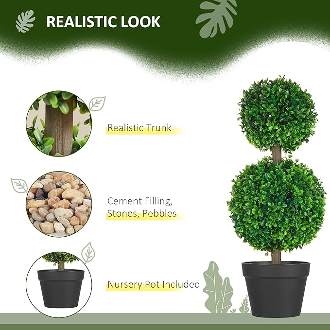 HOMCOM Set of 2 23.6" Artificial Ball Boxwood Topiary Trees with Pot, Indoor Outdoor Fake Plants for Home Office & Living Room Decor