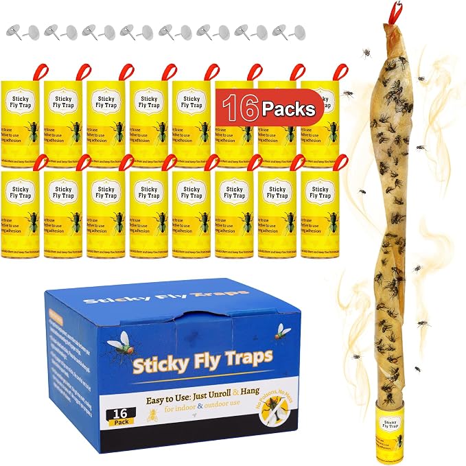 16 Pack Outdoor Fly Trap Indoor for Home, Fly Strips Indoor Sticky Hanging with Pins, Flies Paper Tape Ribbon Roll Hunter Catcher for Fruit Flies and House Gnat Fungus