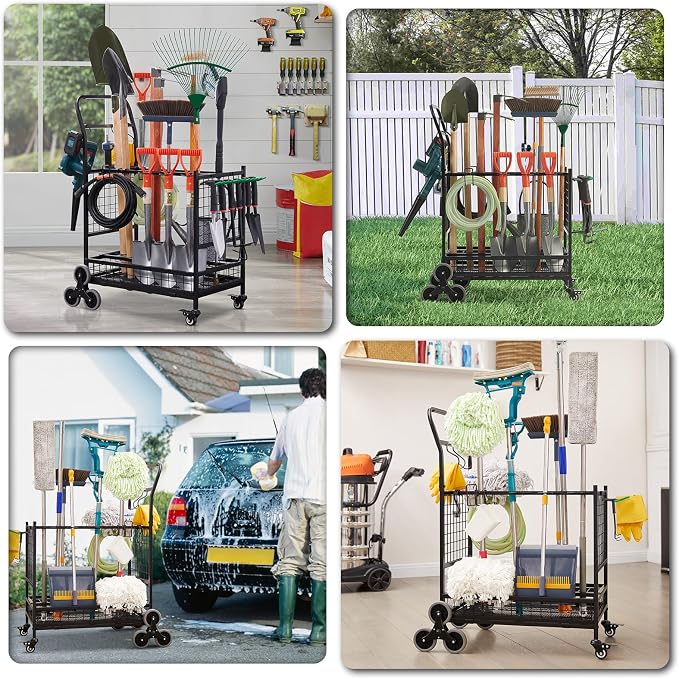 Lauren&Harold Garden Tool Organizer with 2 Stair-Climbing Wheels for Garage Storage, Garden Tool Rack, Up to 35 Long-Handled Tools, Rakes/Shovels/Yard Tools Storage Stand for Shed, Lawn and Outdoor
