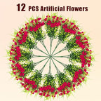 Artificial Flowers for Outdoors 12 Bundles Artificial Petunias Fake Flowers UV Resistant Shrubs Plants with Fern for Indoor Outside Hanging Planters Home Garden Summer Decorations(Rose Red)