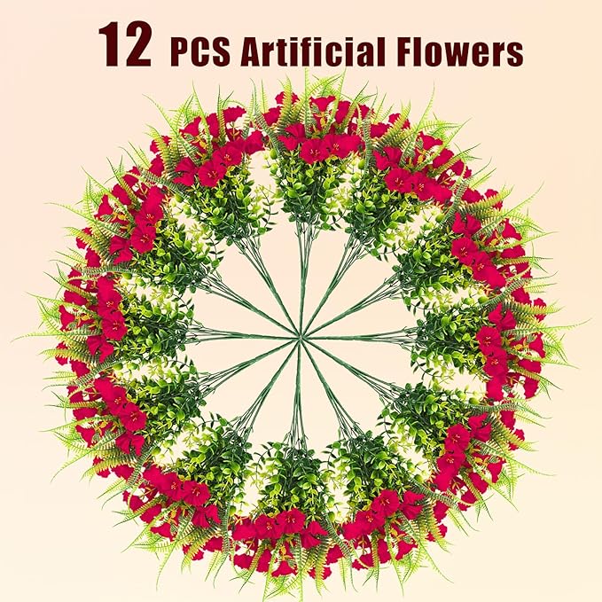 Artificial Flowers for Outdoors 12 Bundles Artificial Petunias Fake Flowers UV Resistant Shrubs Plants with Fern for Indoor Outside Hanging Planters Home Garden Summer Decorations(Rose Red)