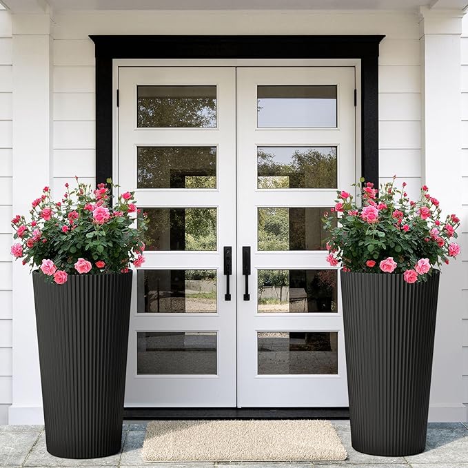 23.6" H Tall Planters for Outdoor Plants, 2 Pack Large Outdoor Planters for Front Porch Decor with Drainage Hole, Plastic Striped Flower Pots Fits Indoor Plants Patio Garden, Black