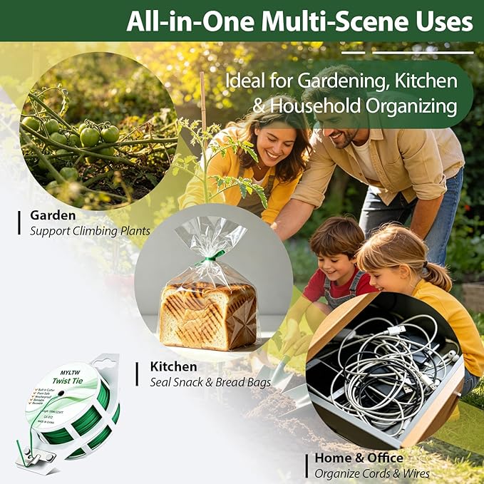 100m Garden Cable Ties & Cutters, Reusable Green Wire Twist Ties for Climbing Plants & Home Organization