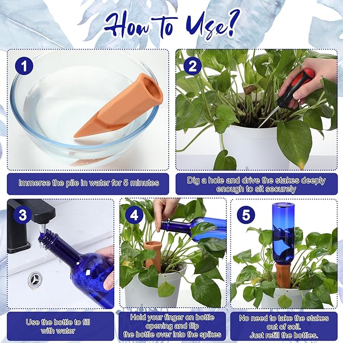 SiliFine 3 Sets Plant Watering Devices Include Terracotta Self Watering Spikes and 26 oz Plastic Bottles, Slow Release Vacation Insert Automatic Plant Waterer Device (Blue and Terracotta)