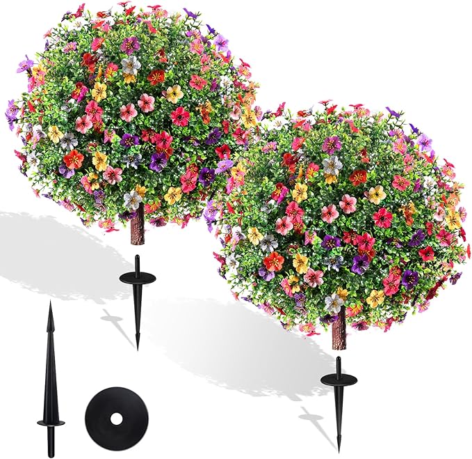 27.5" Artificial Flowers Boxwood Topiary Ball Tree Set of 2, UV Resistant Fake Bushes Shrubs with Ground Spike, Faux Evergreen Tree for Front Porch Outdoor Garden Decor