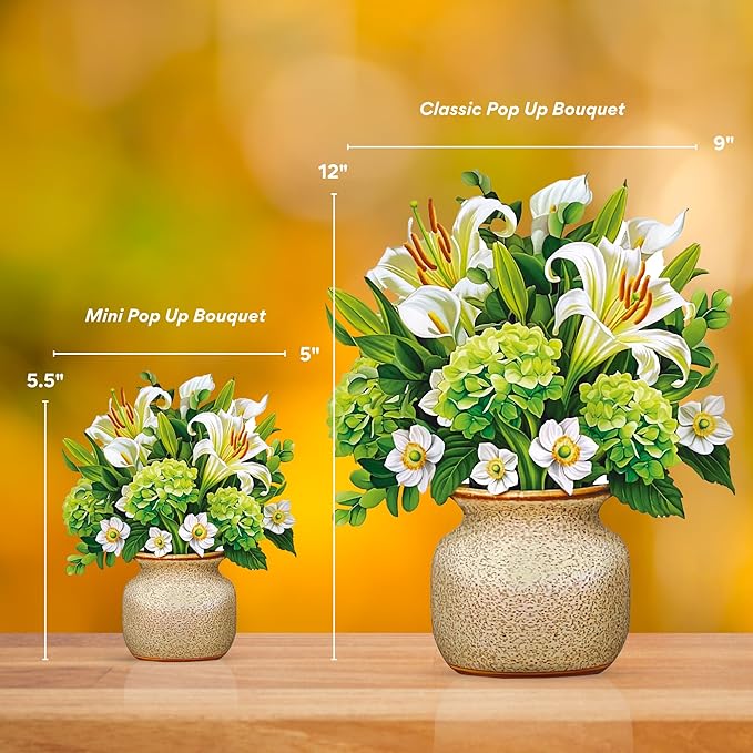 Freshcut Paper Pop Up Cards, Mini Ivory & Sage, 6 Inch Mini Sized Forever Flower Bouquet 3D Popup Greeting Cards, Birthday Cards, Get Well Gifts, Blank Notecard & Envelope
