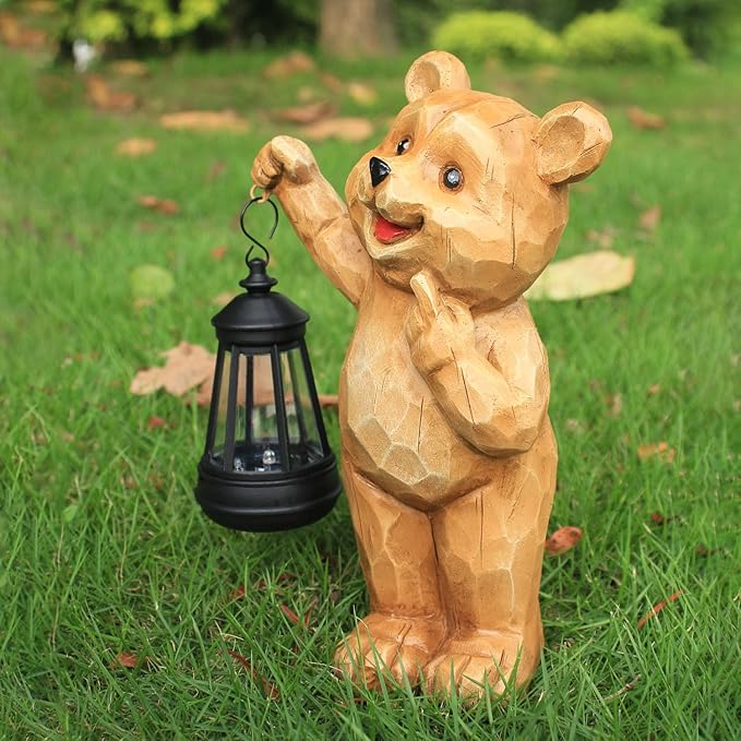 Solar Garden Statues Bear Figurine Outdoor Lights, Resin Yard Decorations Outdoor, Garden Decor Unique Birthday Housewarming Gifts for Mom (Bear 1)