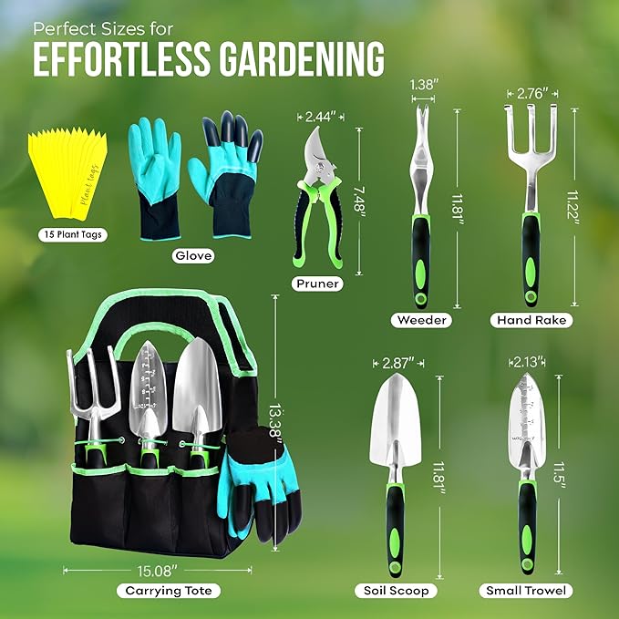 8 PCS Gardening Tools Set with Bag | Heavy-Duty Rust-Proof Hand Tools, Plastic Handles, 15 Plant Tags Included | Garden Tools, Gardening Essentials, Garden Supplies Gift for Men, Women & Gardeners
