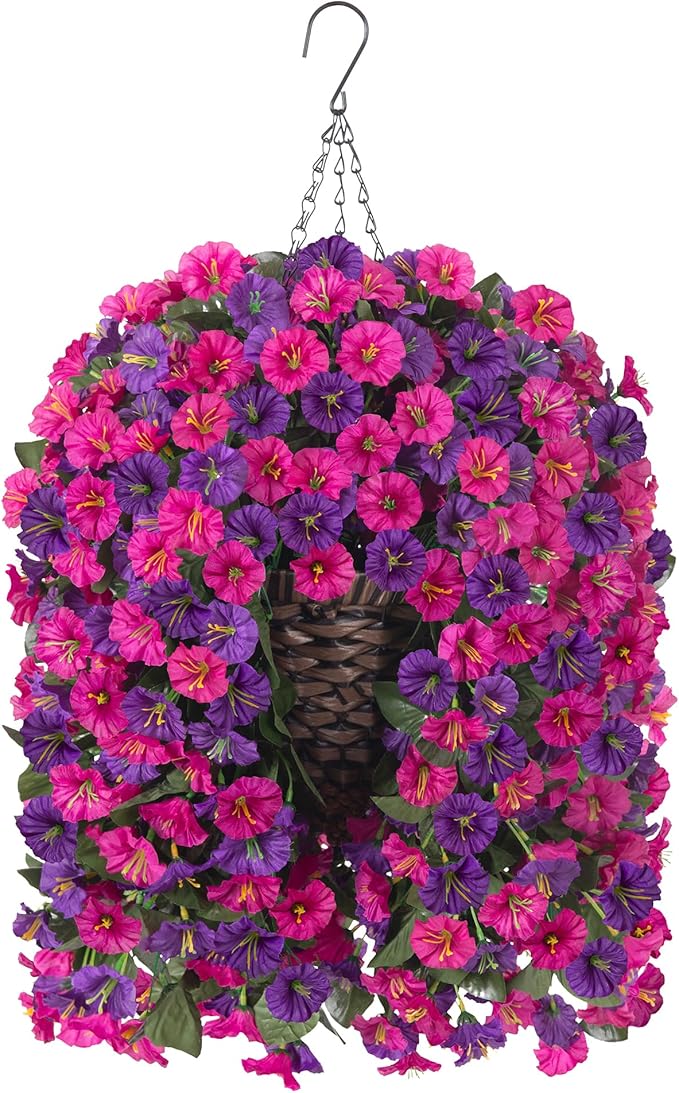 Artificial Fake Flowers Plants Hanging Baskets for Outdoor Outside, Faux Silk Hanging Dark Purple and Fuchsia Morning Glory Trailing Vines UV Resistant Look Real for Porch Patio Home Decoration